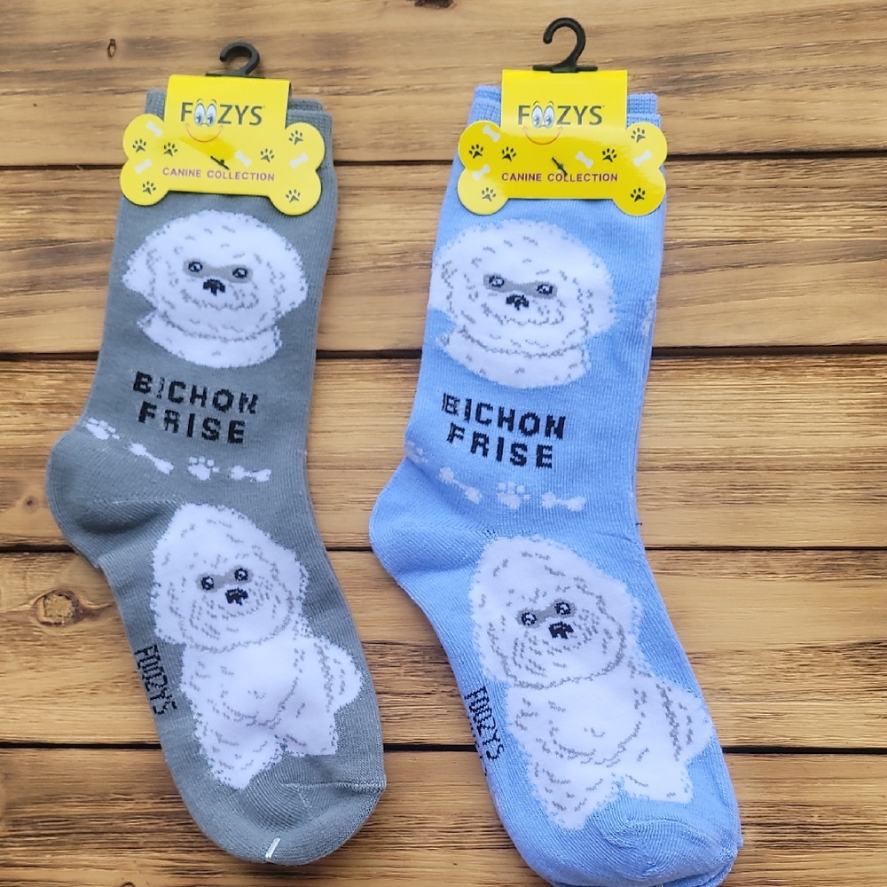 NWT Fozzy Bichon Frise Socks - Gray and Blue 2 Pair Set - Unisex
